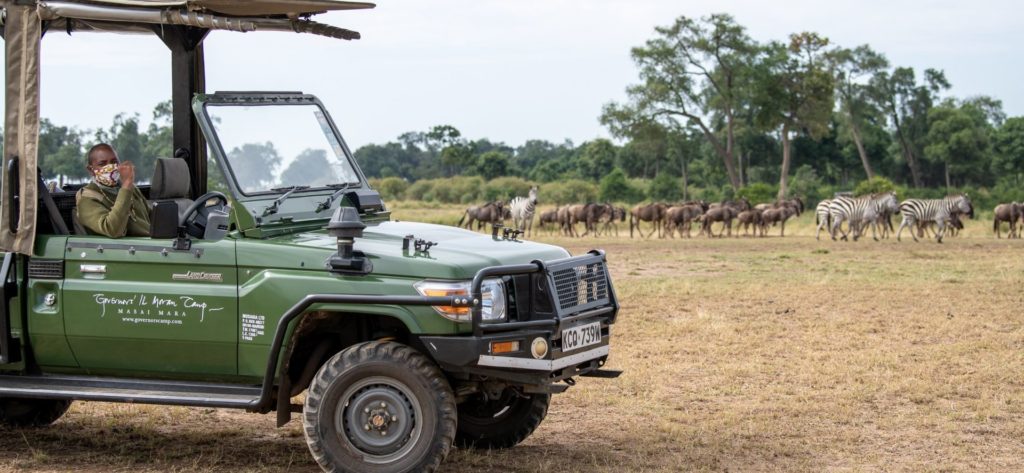 A safari guide wearing a face mask